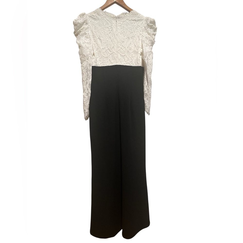 TADASHI SHOJI Ivory White Black Marshal Crepe Lace Maxi Formal Evening Gown 6 - Picture 5 of 15